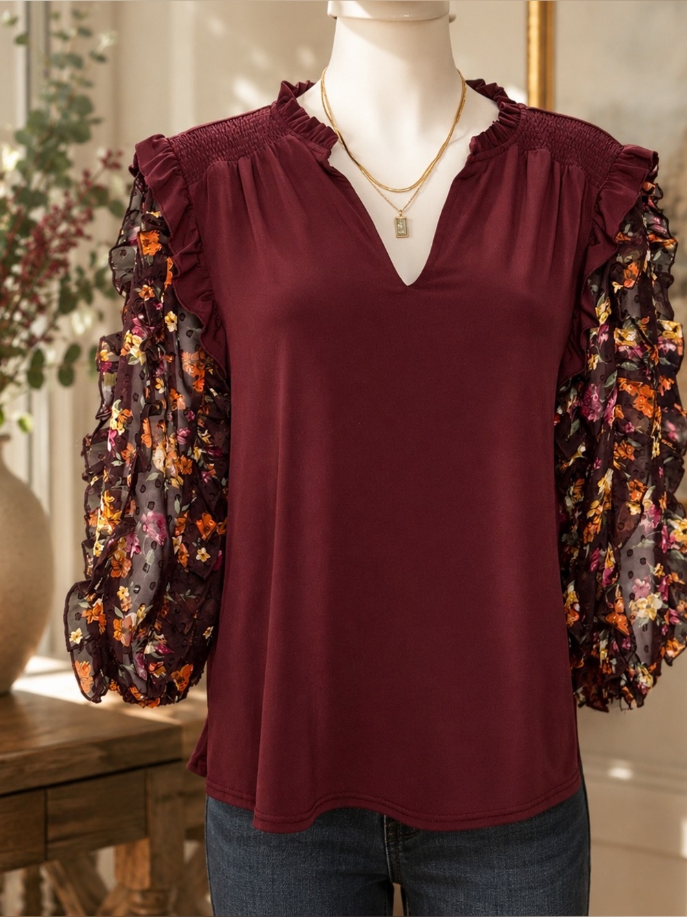 𝘾𝙖𝙩𝙤 Burgundy Top Blouse Floral V Neck Large